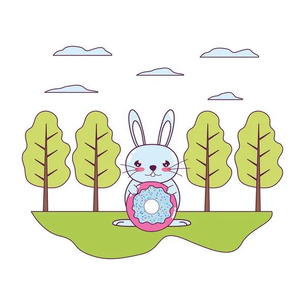 Male rabbit with sweet donut in the landscape — Stock Vector
