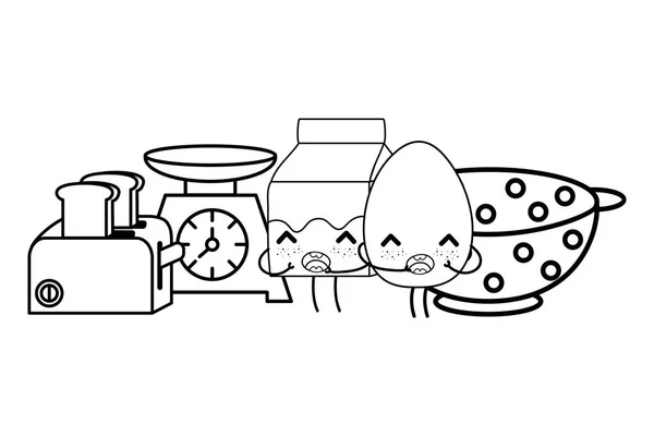 Cocina lindo dibujos animados utensilios blanco y negro — Archivo Imágenes Vectoriales