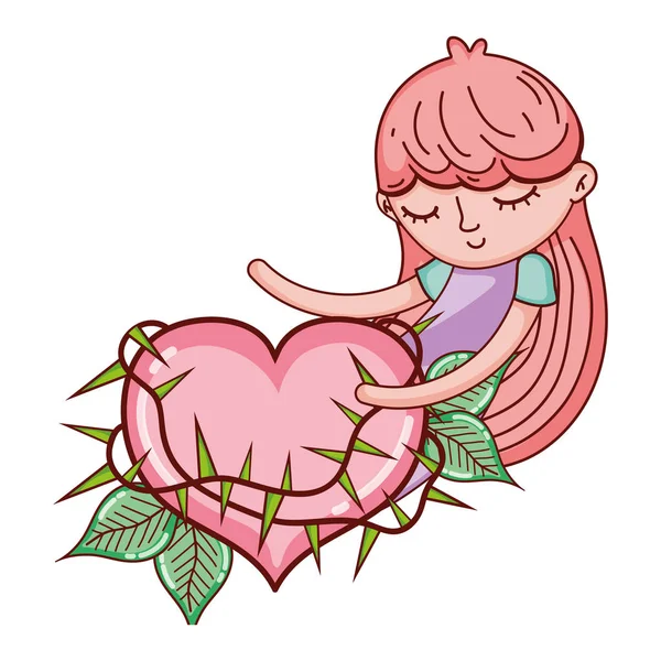 Спящая девушка с тертым сердцем и листьями — стоковый вектор
