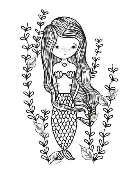 Anahat mutlu siren kadın dalları ile yaprakları — Stok Vektör