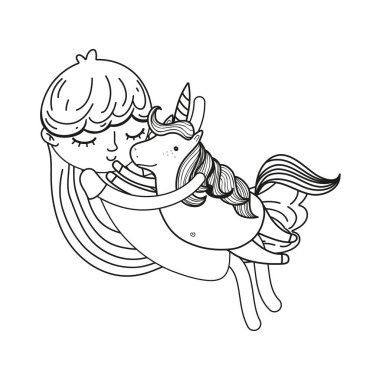 Anahat sevimli kız sarılma güzel tek boynuzlu at