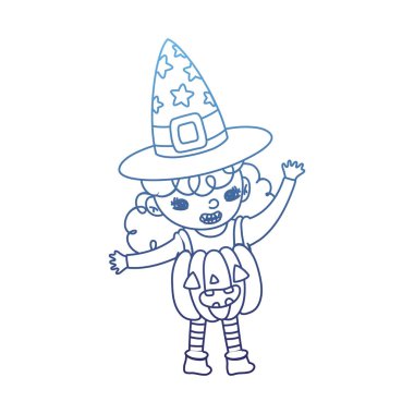 Kabak kostüm ve cadı şapka ile bozulmuş anahat mutlu kız