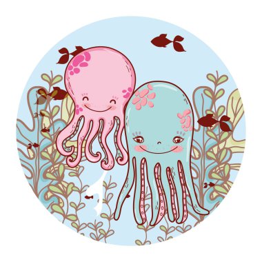 Deniz yosunu bitkiler çiftle güzel ahtapot