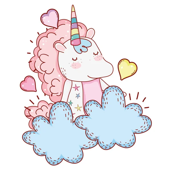 Unicornio en nubes de dibujos animados — Vector de stock