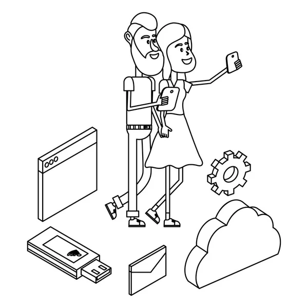 Casal e tecnologia isométrica em preto e branco — Vetor de Stock