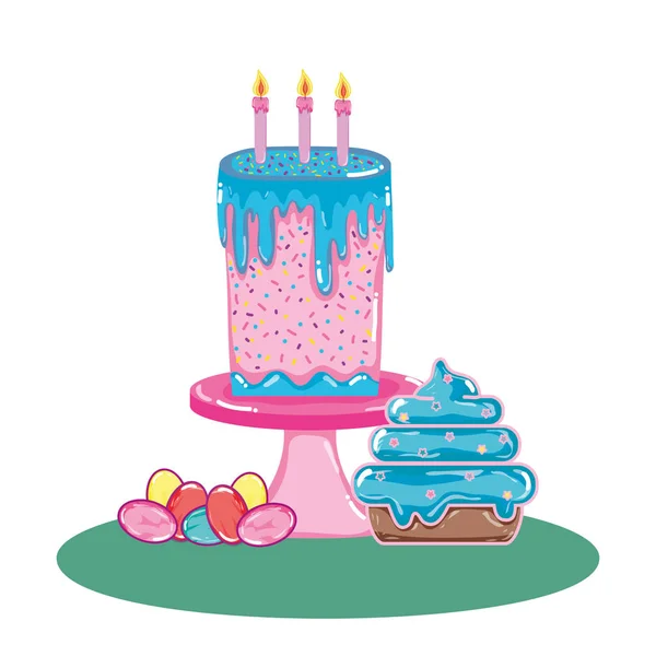 Délicieux gâteau aux bougies et muffin sucré — Image vectorielle