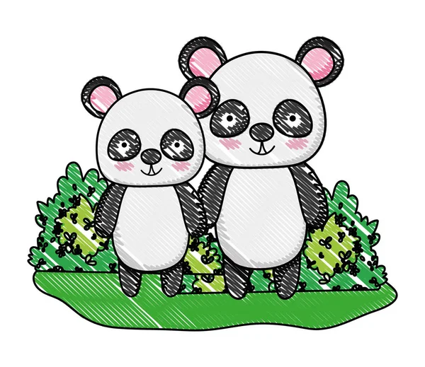 Grated adorable pandas wild animals and bushes — Stock Vector