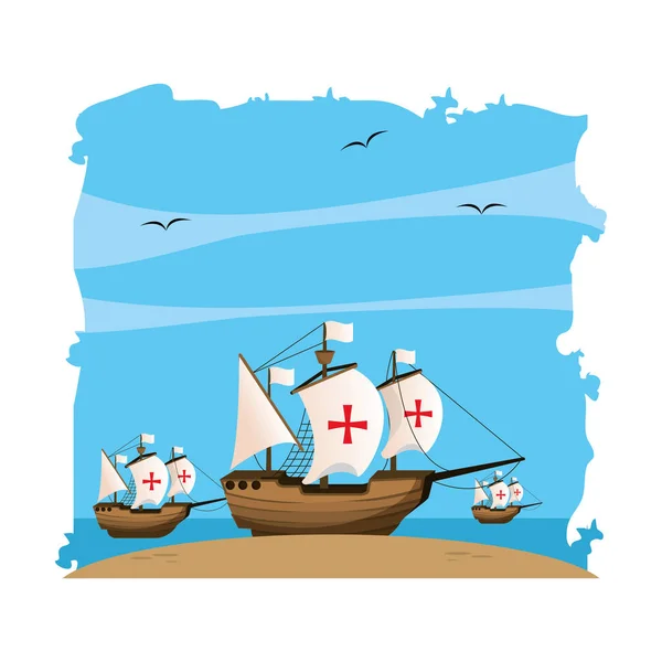 Barcos con velas cruzan al mar de exploración — Vector de stock