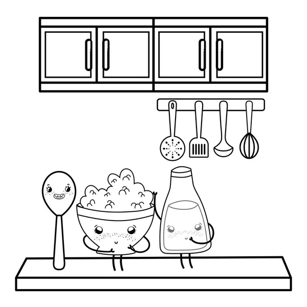 Kitchen and food kawaii cartoons in black and white — Stock Vector