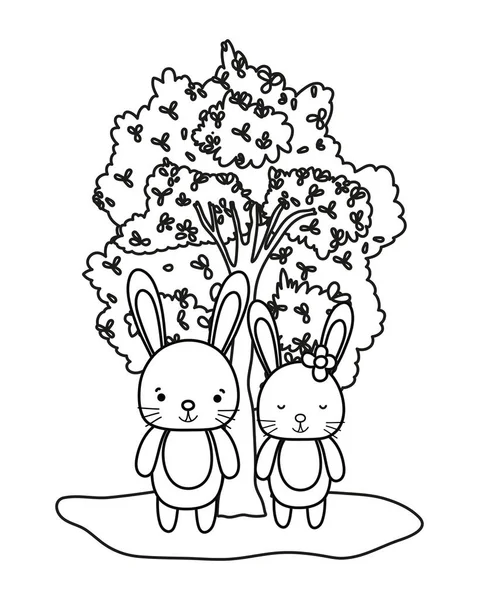 Contorno bonito conejo pareja animal y árbol — Archivo Imágenes Vectoriales