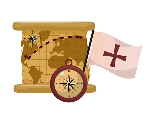 Global map with compass and flag cross — Stock Vector