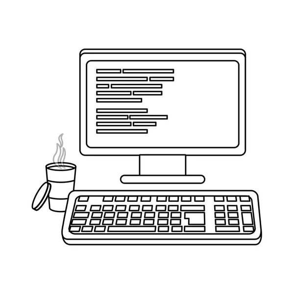 Delinear computador com código de programação e café quente —  Vetores de Stock