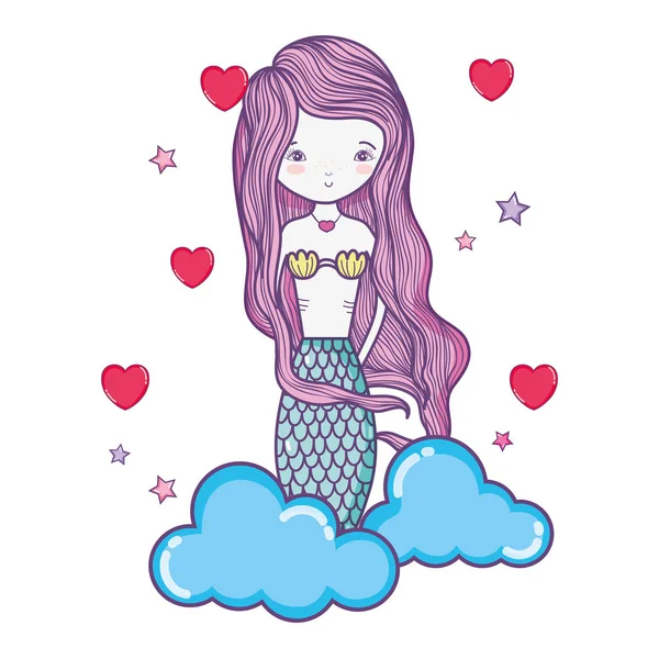 Sirène femme avec des nuages duveteux et des cœurs — Image vectorielle