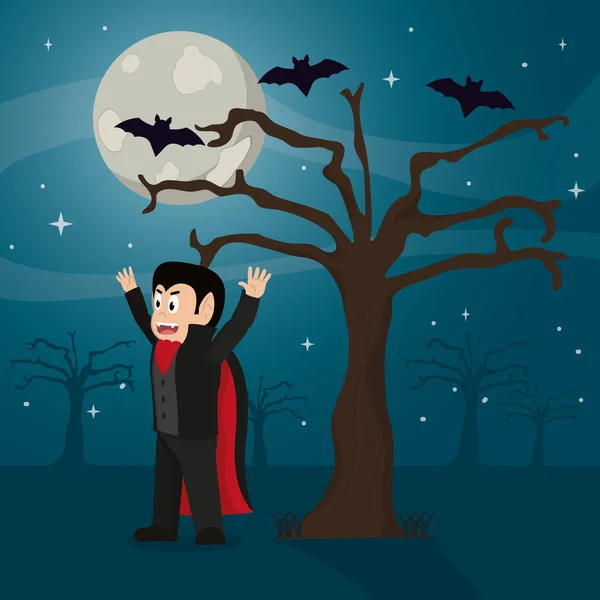 Vampire effrayant avec costume et arbre avec des chauves-souris — Image vectorielle