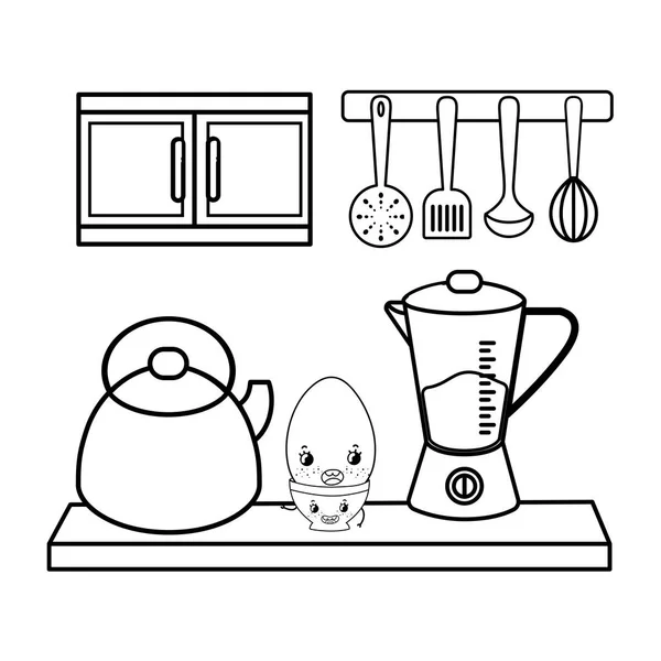 Kuchyň a potraviny kawaii karikatury v černé a bílé — Stockový vektor