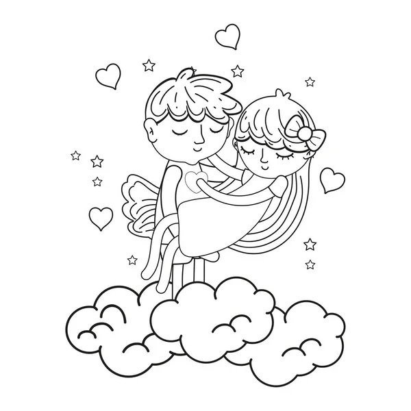 Outline boy carrying girl in the clouds with hearts — Stock Vector