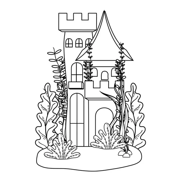 Outline medieval castle architecture with branches plants leaves — Stock Vector