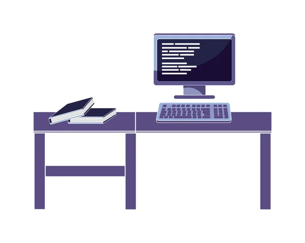 Programação de código de computador com livros na mesa — Vetor de Stock