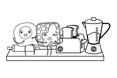 Siyah beyaz mutfak ve gıda kawaii karikatürler