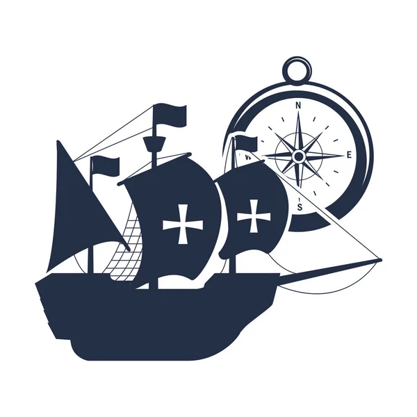 Hajó vitorlák kereszt zászlókkal és iránytű — Stock Vector