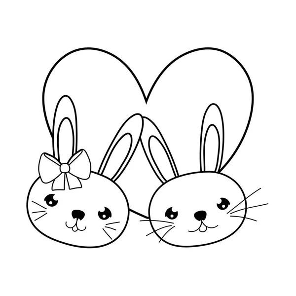 Línea lindo conejos pareja cabeza con corazón — Vector de stock