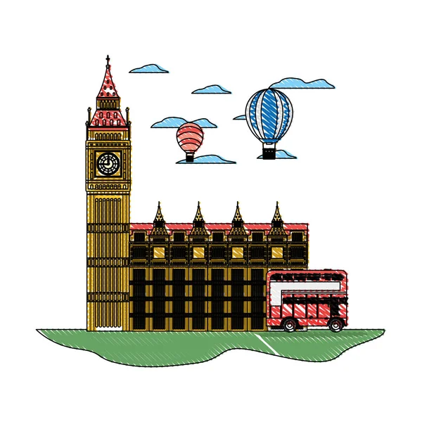 Doodle tour de l'horloge de Londres avec ballon à air et bus — Image vectorielle