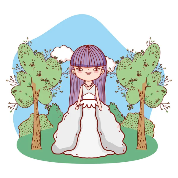 Jonge bruid buitenshuis landschap cartoon — Stockvector