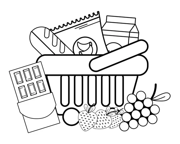 Compra de comestibles cesta blanco y negro — Archivo Imágenes Vectoriales