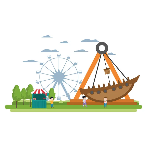 Tienda de carnaval con niños y paseo en barco mecánico — Archivo Imágenes Vectoriales