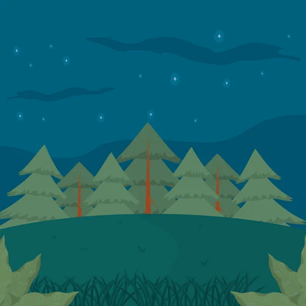 밤에 숲 풍경 만화 — 스톡 벡터