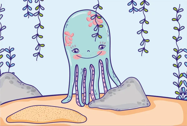Gurita hewan dengan rumput laut tanaman tergantung - Stok Vektor