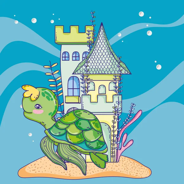 Schildkrötentier mit Burg und Algenpflanzen — Stockvektor
