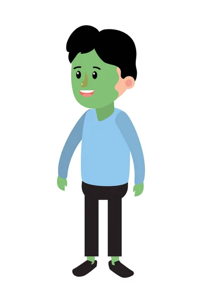 Gelukkige jongen met groene hoofd kostuum en kleding — Stockvector