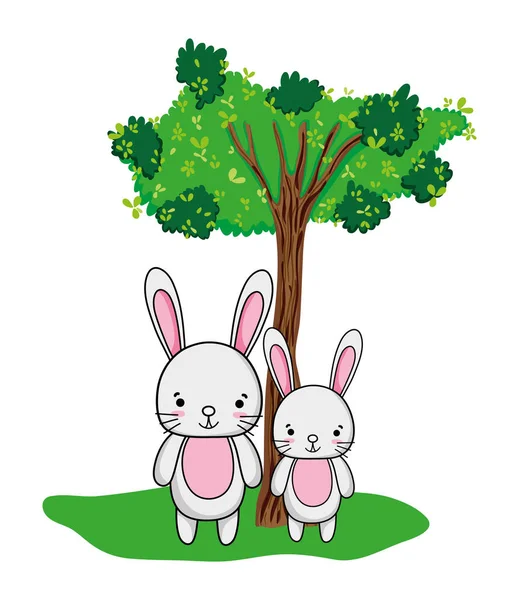 Lindo conejo pareja animal y árbol — Archivo Imágenes Vectoriales
