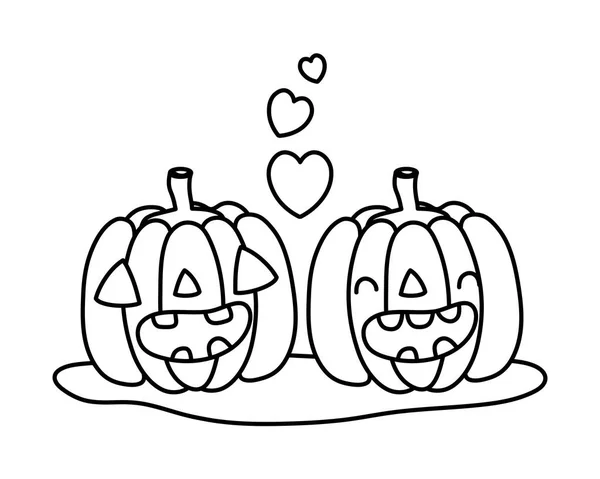 Outline kawaii happy pumpkin couple with heart — Stock Vector