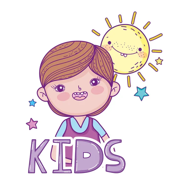 Happy little boy with sun kawaii — Stock Vector