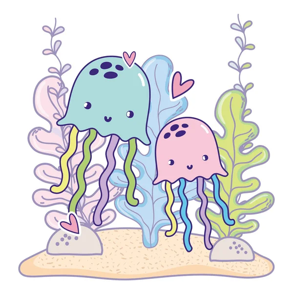 Medusas casal animais com corações e plantas de algas marinhas — Vetor de Stock