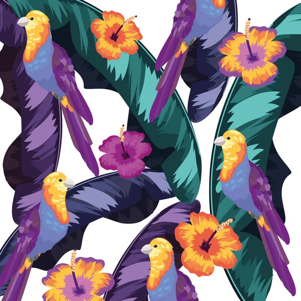 Oiseau exotique et fond de feuilles tropicales — Image vectorielle