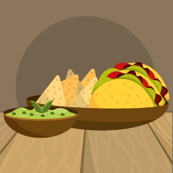Kartun makanan Meksiko yang lezat di meja restoran - Stok Vektor