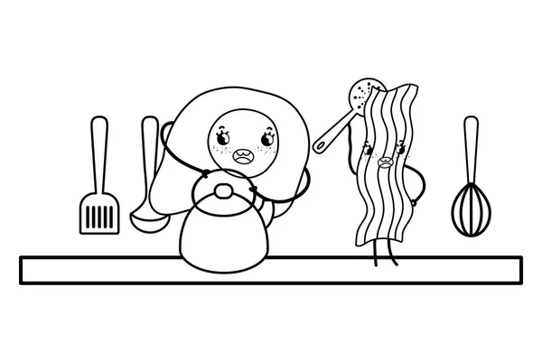 Cozinha bonito desenhos animados utensílios preto e branco — Vetor de Stock