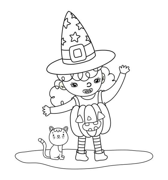Zarys dynia kostium dziewczyna kapeluszu z kotem — Wektor stockowy