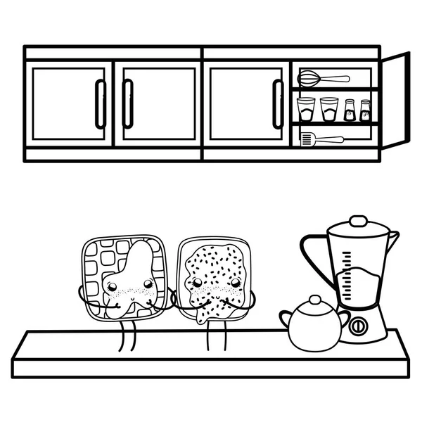 Keuken en voedsel kawaii cartoons in zwart-wit — Stockvector