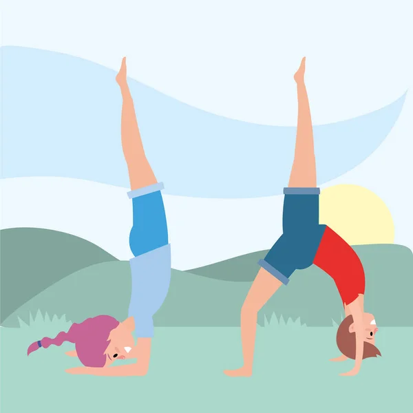 Young couple doing acroyoga Jedi Box, fitness or pilates practice
