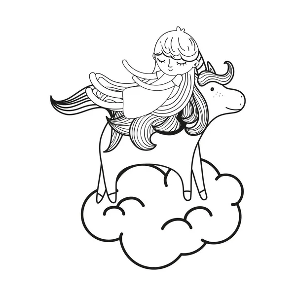 Contorno durmiendo chica con belleza unicornio en la nube — Vector de stock