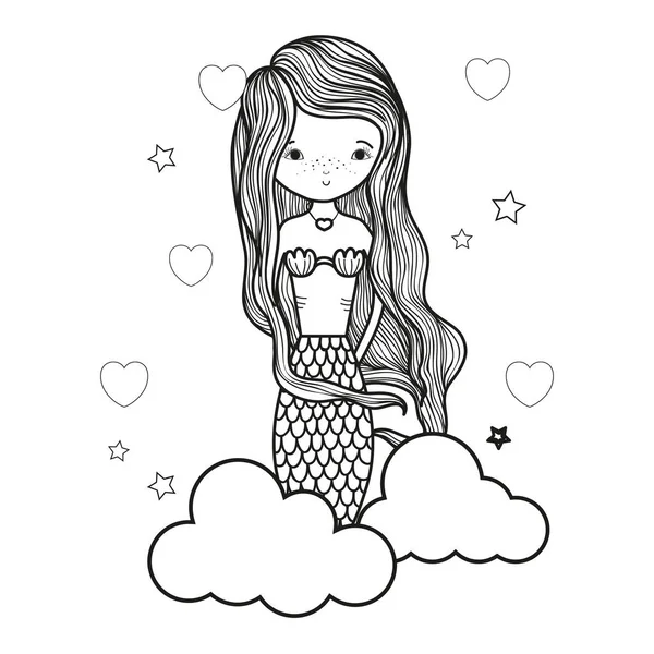 Silhouette sirène femme avec des nuages pelucheux et des cœurs — Image vectorielle