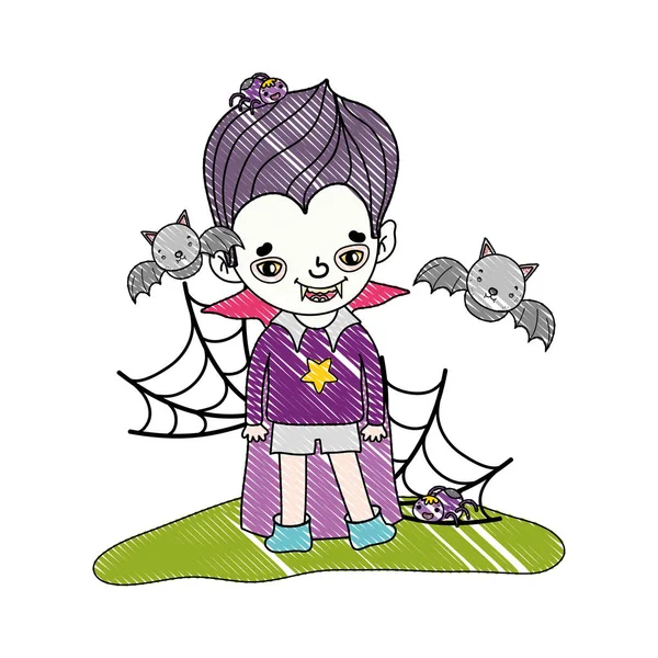 Grated boy with vampire costume and bats with spiders — Stock Vector