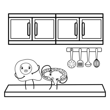 Siyah beyaz mutfak ve gıda kawaii karikatürler