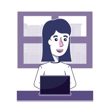 dizüstü bilgisayar teknolojisi ve pencere ile mutlu kadın