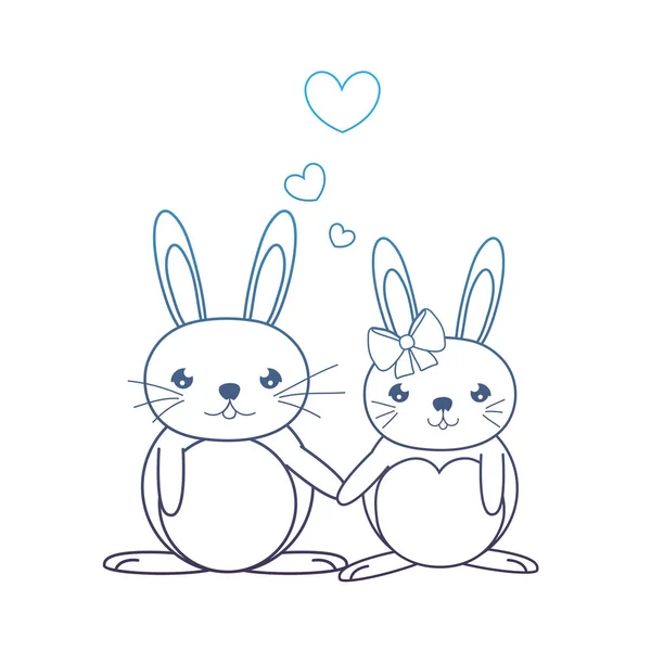 Υποβαθμισμένων γραμμή χαριτωμένο ζευγάρι κουνελιών ζώο με καρδιές — Διανυσματικό Αρχείο