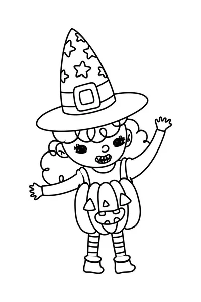Contorno menina feliz com traje de abóbora e chapéu de bruxa — Vetor de Stock